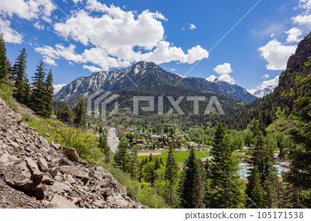 Sunny high angle view of the Ouray town Sunny high angle view of the Ouray town 105171538