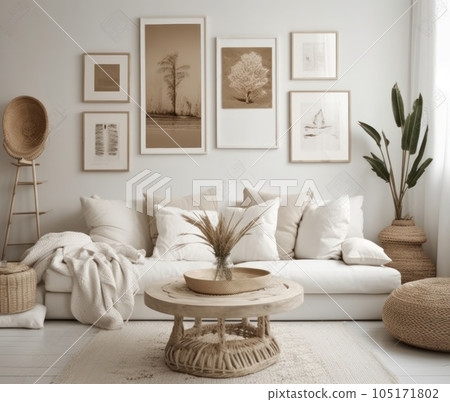 Interior design of aesthetic living room interior with mock up room, modular sofa, wooden stand, vase with branch and personal accessories. Home decor. Template. AI Generative 105171802