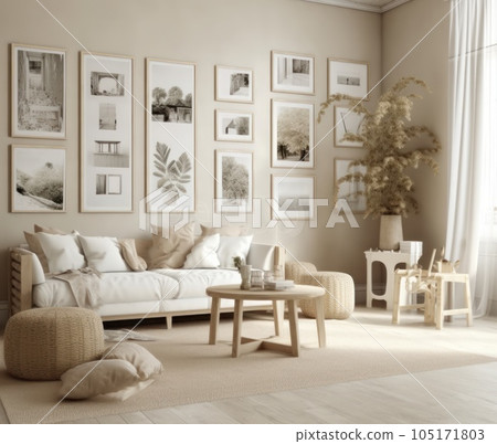 Interior design of aesthetic living room interior with mock up room, modular sofa, wooden stand, vase with branch and personal accessories. Home decor. Template. AI Generative 105171803