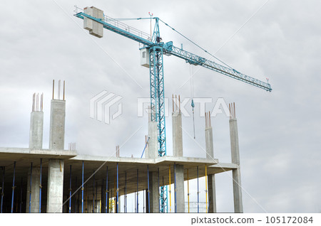 Construction project, unfinished construction, building works, Building site, wall construction, metal rebar, Building and crane, Steel reinforcement 105172084