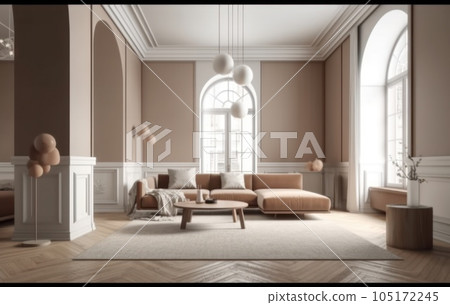 Interior design of aesthetic living room interior with mock up room, modular sofa, wooden stand, vase with branch and personal accessories. Home decor. Template. AI Generative 105172245