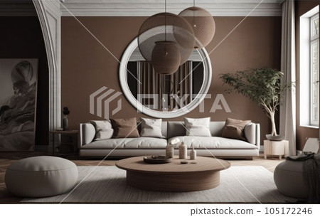 Interior design of aesthetic living room interior with mock up room, modular sofa, wooden stand, vase with branch and personal accessories. Home decor. Template. AI Generative 105172246