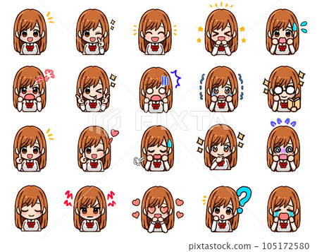 Cute brown hair girl facial expression icon material set Cute brown hair girl facial expression icon material set 105172580
