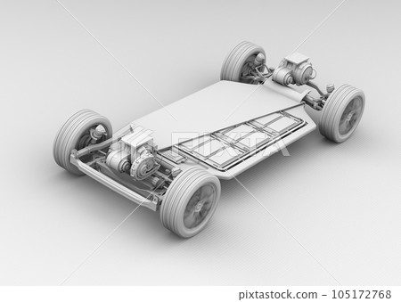 A monochrome image of a 2-motor, 4-wheel-drive electric car chassis with an all-solid-state battery pack in motion A monochrome image of a 2-motor, 4-wheel-drive electric car chassis with an all-solid-state battery pack in motion 105172768