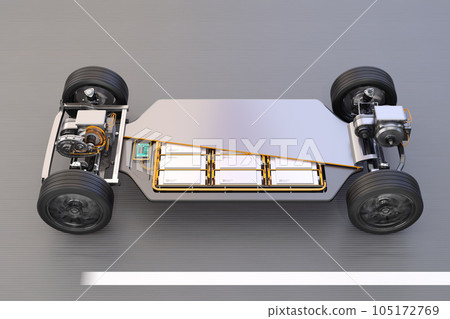 A cutaway image of a 2-motor 4-wheel drive electric vehicle chassis that uses an all-solid-state battery pack running on the road. A cutaway image of a 2-motor 4-wheel drive electric vehicle chassis that uses an all-solid-state battery pack running on the road. 105172769
