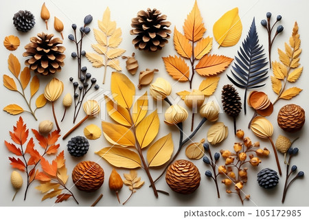 Autumn composition. Pattern made of dried leaves, flowers, berries on white background. Autumn, fall, thanksgiving day concept. Flat lay, top view 105172985