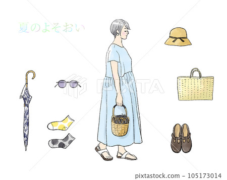 Summer attire A woman wearing a dress and summer accessories 105173014