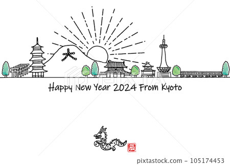 手繪京都旅遊目的地城市景觀2024年新年賀卡模板 105174453