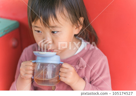 Children sitting on playground equipment in the park and hydrating (heat stroke measures) Children sitting on playground equipment in the park and hydrating (heat stroke measures) 105174527