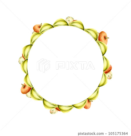Watercolor autumn round frame with pumpkins.Hand drawn colorful pumpkins 105175364