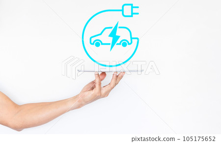 EV or electric vehicle icon technology to control, Man hand with digital tablet, Blue HUD car interface Electric car with plug icon symbol, EV car, Green hybrid vehicles charging. 105175652