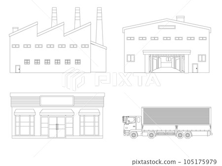 Line drawing illustration of logistics from production to sales 105175979