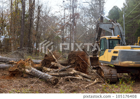 Worker is uprooting trees in forest with excavator to make space for house. Worker is uprooting trees in forest with excavator to make space for house. 105176408