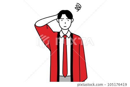 一位身穿紅色哈比外套的男銷售員陷入困境抓著頭 一位身穿紅色哈比外套的男銷售員陷入困境抓著頭 105176419