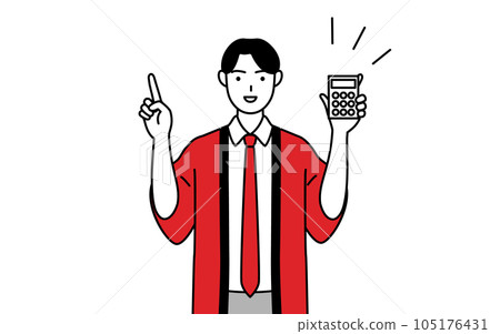 一位身穿紅色 happi 外套的男性銷售人員用計算器指著 一位身穿紅色 happi 外套的男性銷售人員用計算器指著 105176431