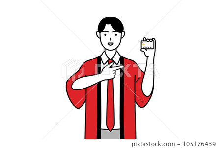 A male salesperson wearing a red happi coat recommending credit card payment 105176439