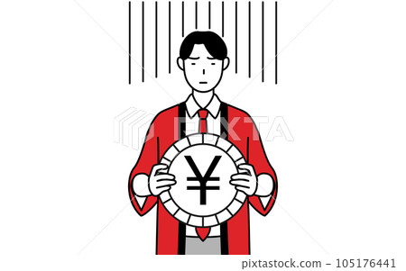 An image of exchange losses and a weak yen, a male salesperson wearing a red happi coat An image of exchange losses and a weak yen, a male salesperson wearing a red happi coat 105176441