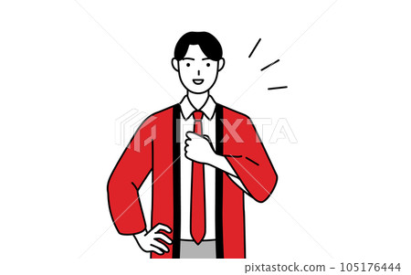 A male salesperson wearing a red happi coat hitting his chest 105176444