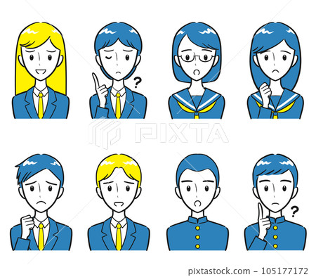 穿著校服的初中生和高中生的男女消極面部表情圖標集（簡單） 105177172