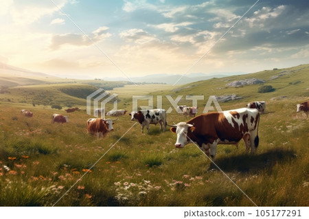 Grazing dairy farm and Jersey cow AI generated image AI image 105177291
