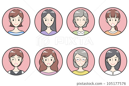 Adult women of various ages, positive gestures and facial expressions, round icon set, pink 105177576