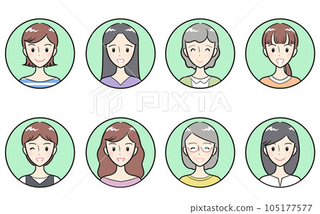Adult women of various ages Positive gestures and facial expressions Round icon set green 105177577