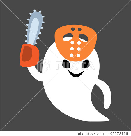 Cute white ghost with murderer costume . Halloween cartoon character . Flat design . Vector . 105178116