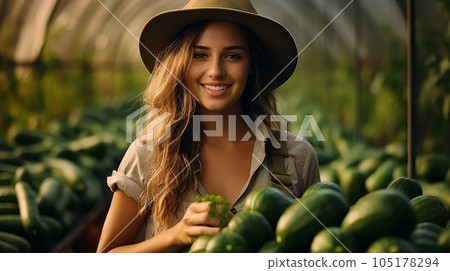 farmer woman grows zucchini cucumbers farmer woman grows zucchini cucumbers 105178294