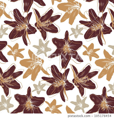 Vector seamless pattern with silhouette and outline lily flowers classical style on white background 105178454
