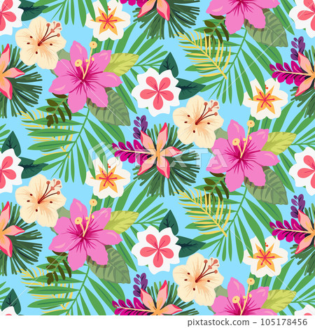 Vector seamless pattern with various tropical leaves and flowers on blue background 105178456