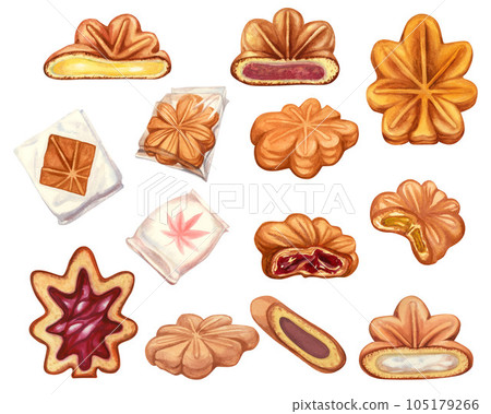 Watercolor traditional Japanese sweets Momiji Manju are sweet pastries stuffed in the shape of a maple leaf, made during the autumn season of admiring maple trees. 105179266