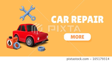 Car repair. 3D mechanic fix tools. Automobile garage service render. Vehicle diagnosis. Auto workshop. Key wrench. Oil canister. Wheel change. Vector illustration icons web banner design 105179314
