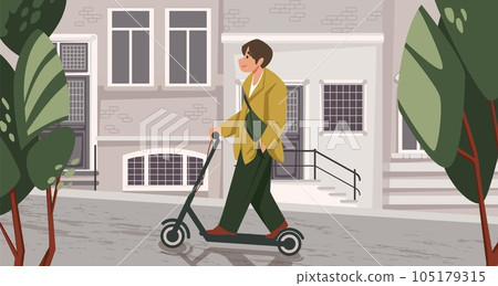 City electric scooter. Guy riding motorcycle. Teenager walking on sidewalk. Hipster man on street. Male driving modern electric transport. Urban building. Vector cartoon illustration City electric scooter. Guy riding motorcycle. Teenager walking on sidewalk. Hipster man on street. Male driving modern electric transport. Urban building. Vector cartoon illustration 105179315