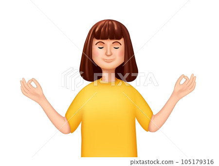 Meditating woman. 3D healthy people. Relaxing exercise. Calm and rest. Girl in meditation. Female practicing yoga. Harmony and Zen. Lotus asana. Render cute person. Vector illustration 105179316