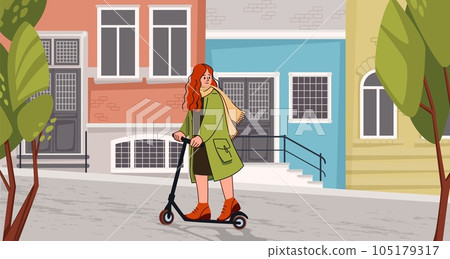 Girl riding scooter. Woman city drive. Electronic speed power. Teenager walking on street. Person on electric bike. Sport character. Modern transport. Urban building. Vector illustration Girl riding scooter. Woman city drive. Electronic speed power. Teenager walking on street. Person on electric bike. Sport character. Modern transport. Urban building. Vector illustration 105179317
