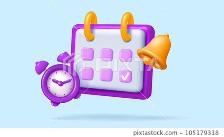 3D calendar. Time management icons. Month schedule. Alarm clock. Reminder notification. Agenda deadline. Alert bell. Appointment week planning. Render planner and timer. Vector concept 105179318