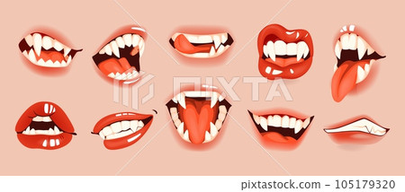 Joker mouth. Halloween smile. Creepy face mask. Vampire jaw. Evil fangs grin. Horror beauty. Sexy red lips and tongue. Devil teeth. Vector cartoon mystery facial isolated elements set 105179320