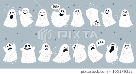 Spooky ghost. Halloween doodle faces with different emotions, fear holiday elements, scary white monster icons. Funny white phantoms childish cute autumn holiday. Vector cartoon illustration 105179332