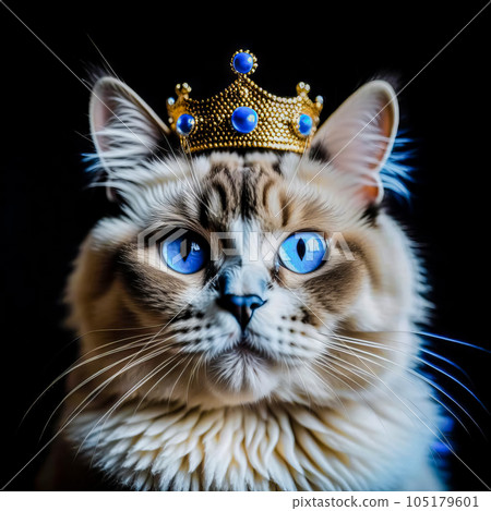 Portrait of a cute ragdoll cat in a royal crown Portrait of a cute ragdoll cat in a royal crown 105179601