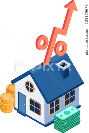 Isometric House with Interest Rate Arrow Rising Up 105179678