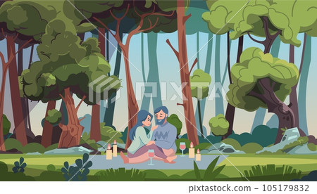 Family on picnic. Romantic cute couple embracing on blanket. Forest meadow landscape. People relaxing in nature. Man and woman flirting. Love and romance. Outdoor lunch. Vector illustration 105179832