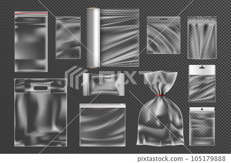 Plastic package bag set. Transparent mockup of cookies, snacks and chocolate candy. Sachet wrap. Cellophane empty packaging, vacuum polythene zipper packet. Vector envelope mock up collection 105179888