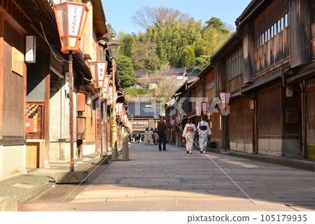 Back view of a woman wearing a kimono walking in Kanazawa Higashi Chaya District Back view of a woman wearing a kimono walking in Kanazawa Higashi Chaya District 105179935