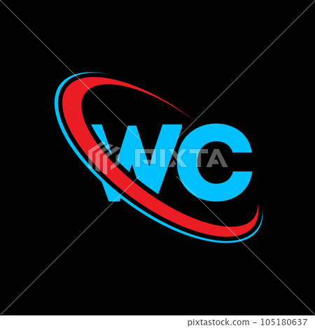 WC W C letter logo design. Initial letter WC linked circle uppercase monogram logo red and blue. WC logo, W C design. wc, w c 105180637
