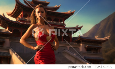 woman in red dress china city 105180809
