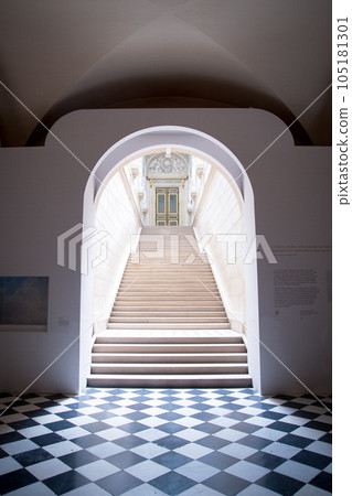 Versailles Palace arches and stairs with black and white mosaic tiles Versailles Palace arches and stairs with black and white mosaic tiles 105181301