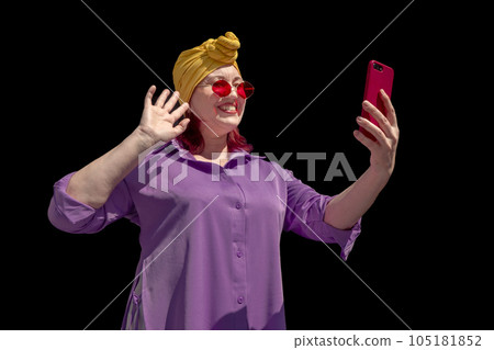 Happy adult asian with extravagant style with phone Happy adult asian with extravagant style with phone 105181852