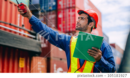 Warehouse engineer worker working at industrial container yard Warehouse engineer worker working at industrial container yard 105181927
