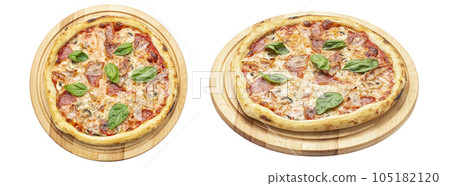 Delicious pizza served on wooden plate isolated on white background. Pizzeria menu. 105182120