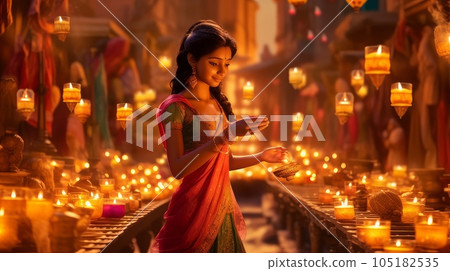 Indian woman in Indian temple in honor of Diwali holiday. 105182535
